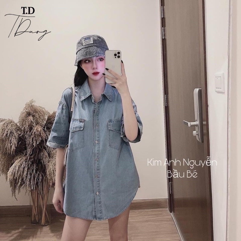 áo sơ mi jean ( áo sơ mi bò) tay ngắn, tay chữ form rộng over size , xịn xò ( hàng sẵn y hình)