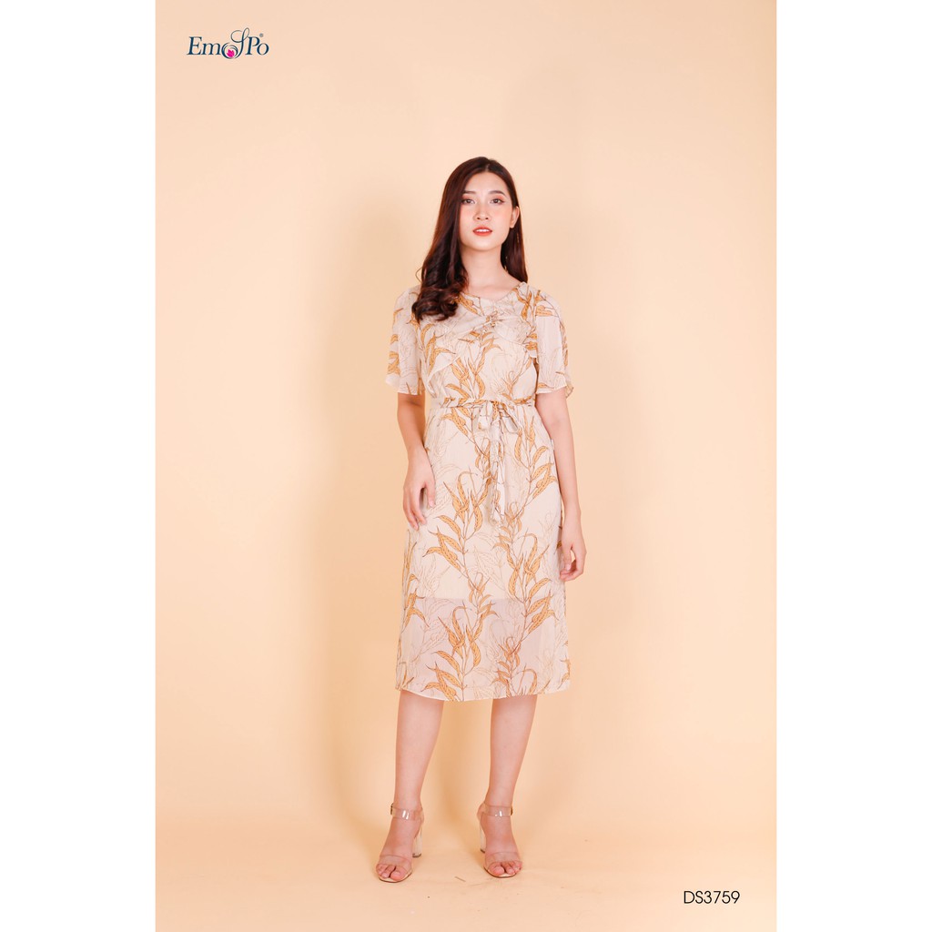 Đầm suông tà bong thân trước, rúm ly cổ, đai rời buộc nơ eo Emspo DS3759 (Be,Xanh)