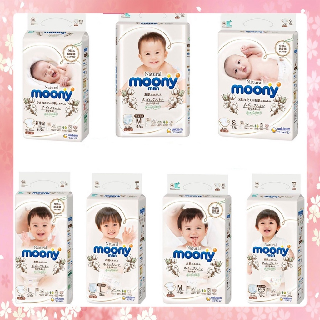 Bỉm Moony Natural Dán/Quần Đủ Size NB63/S58/M48/L36/XL32