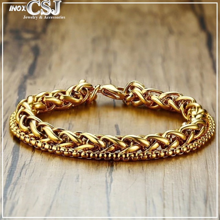 lắc tay inox 2 tầng mạ vàng bông dừa kết hợp khoen đang vuông siêu đẹp chuẩn thời trang