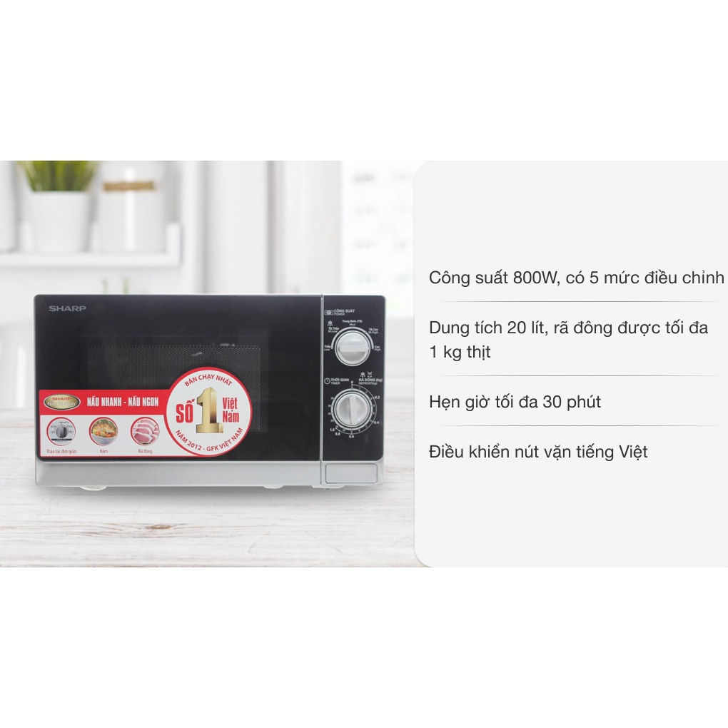 Lò vi sóng Sharp R-205VN(S) 20 lít-Chính hãng 100%-Công suất 800W 3 chức năng: rã đông, hâm, nấu-Bảo Hành 12 Tháng
