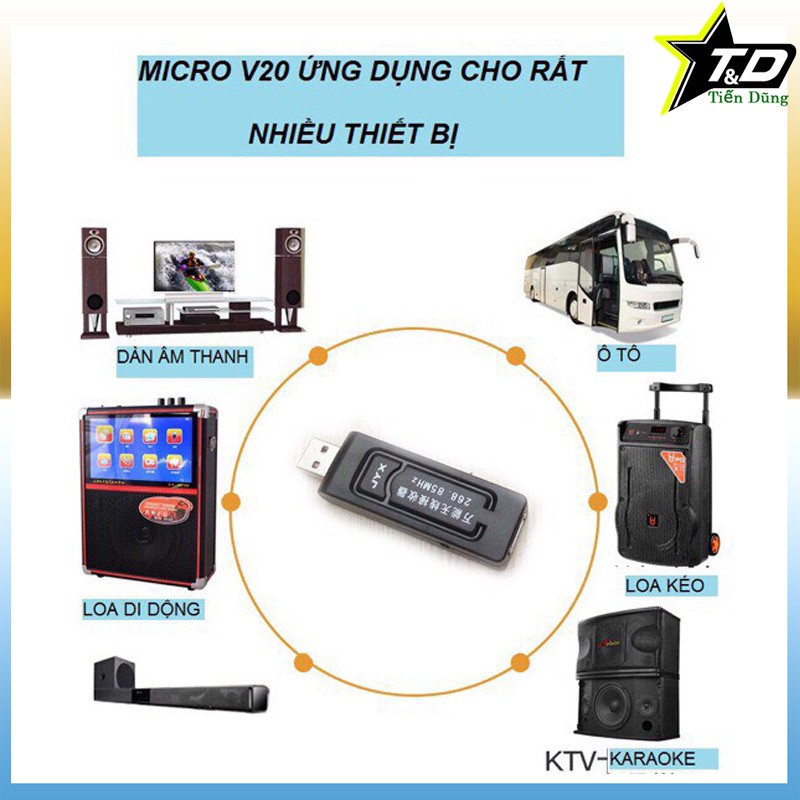 Mic không dây v20 cho tất các các loa và âm li có hỗ trợ micvới 2 cổng 3.5 và 6.5- Micro đa năng v20 hát bắt mic