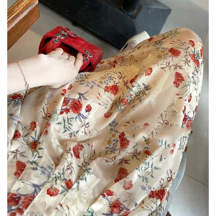 Váy hoa họa tiết Vintage xếp li ngực điệu đà