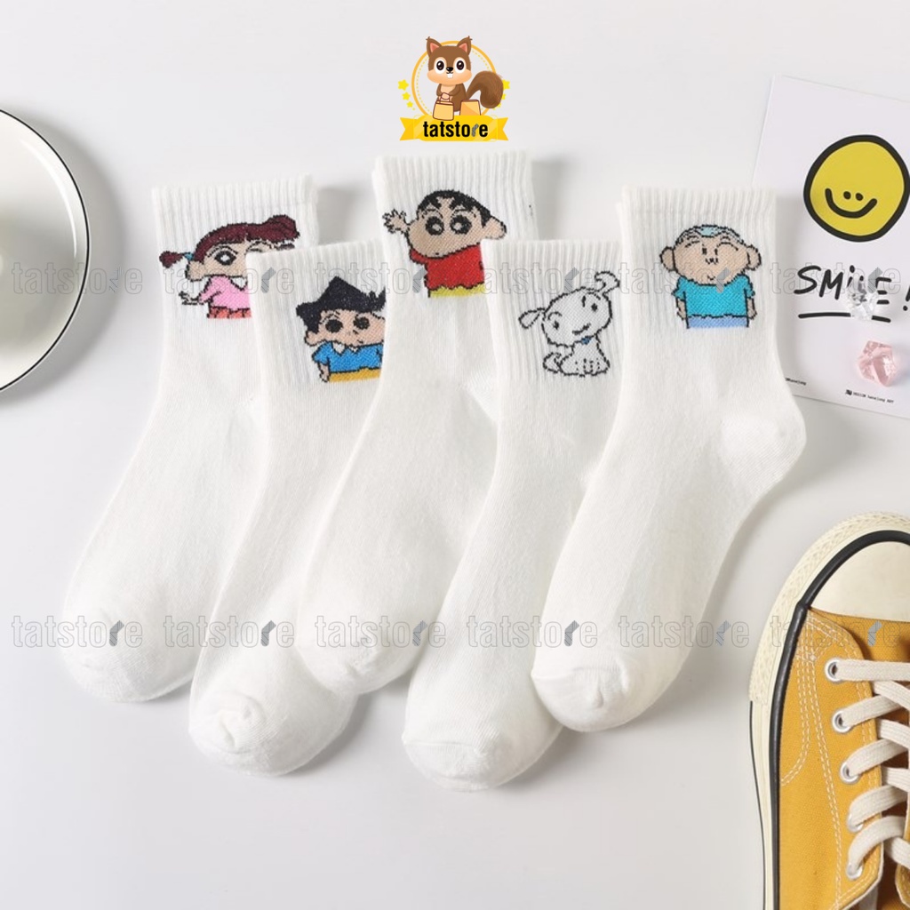 Set tất nữ cổ cao vớ nữ cotton Nhật Bản hoạt hình cute giá rẻ màu trắng 5 đôi kèm túi đựng TẤT STORE 2CCF9