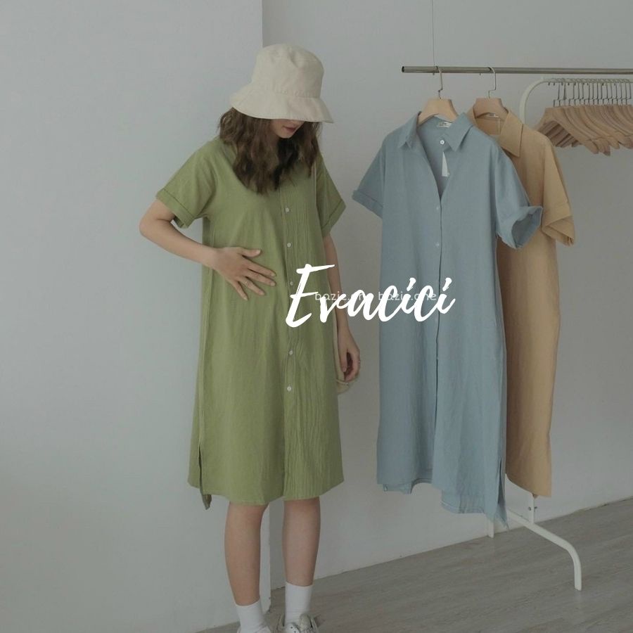 Váy sơ mi cộc tay vạt lệch hàn quốc, from rộng, dây thắt nơ eo