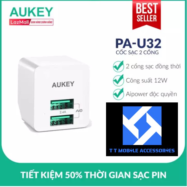 Cốc Sạc 2 Cổng Aukey PA-U32, 12W mỗi cổng, chính hãng Aukey Vietnam, mới 100%, B/hành 2 năm 1 đổi 1