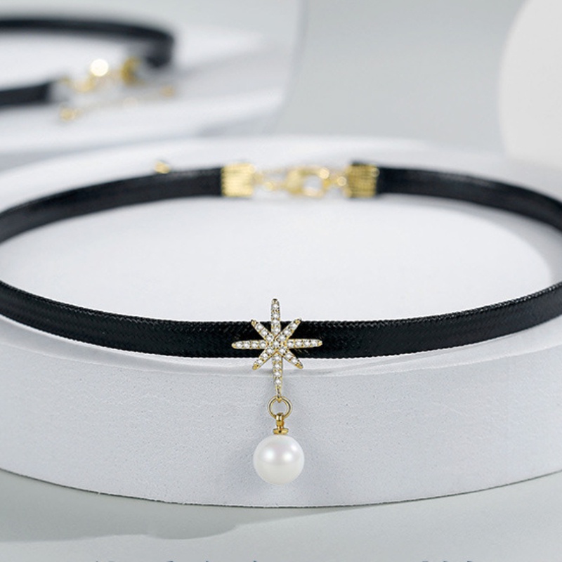 Vòng Cổ Choker Ngắn Hình Ngôi Sao Tám Cánh Đính Ngọc Trai Màu Đen Thời Thượng 2022