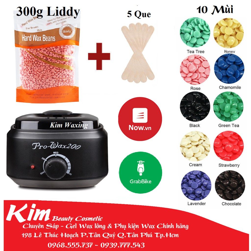 Nồi nấu sáp 200 wax và 300g sáp viên nóng Hard wax beans Liddy kèm Vòng đệm và Que gỗ