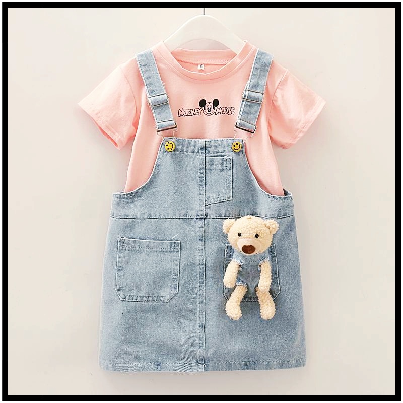 Set Áo Thun Ngắn Tay Và Đầm Yếm Denim Thời Trang Cho Bé Gái