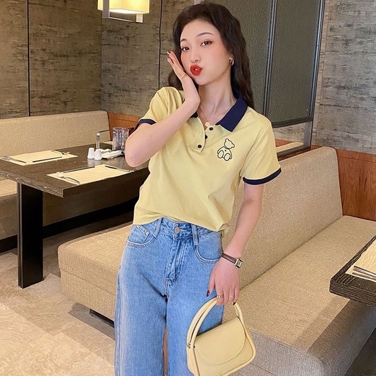 Áo Thun POLO Dệt Kim Tay Ngắn Dáng Rộng Thêu Hình Gấu Dễ Thương