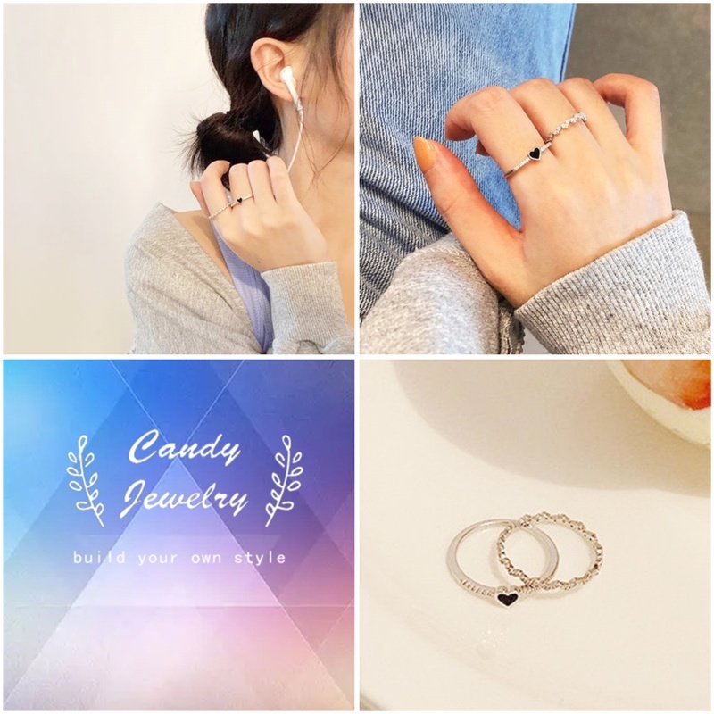 MANYUE Nhẫn đen đính đá zircon kiểu trái tim phong cách Hàn Quốc cá tính