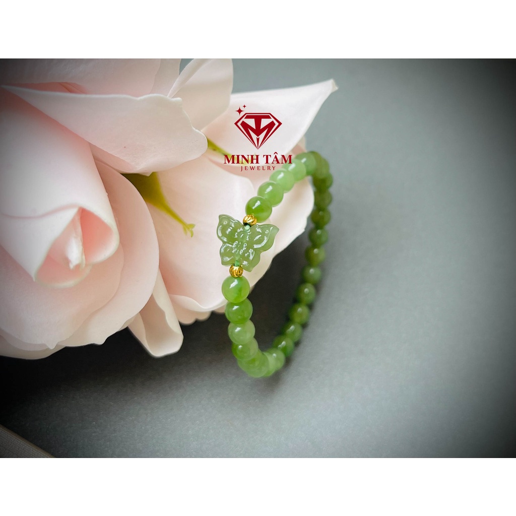 Vòng tay Ngọc Hòa Điền 6 ly mix charm sen, cỏ bốn lá, lu thống ngọc xanh lá bi Au 10k-Minh Tâm Jewelry