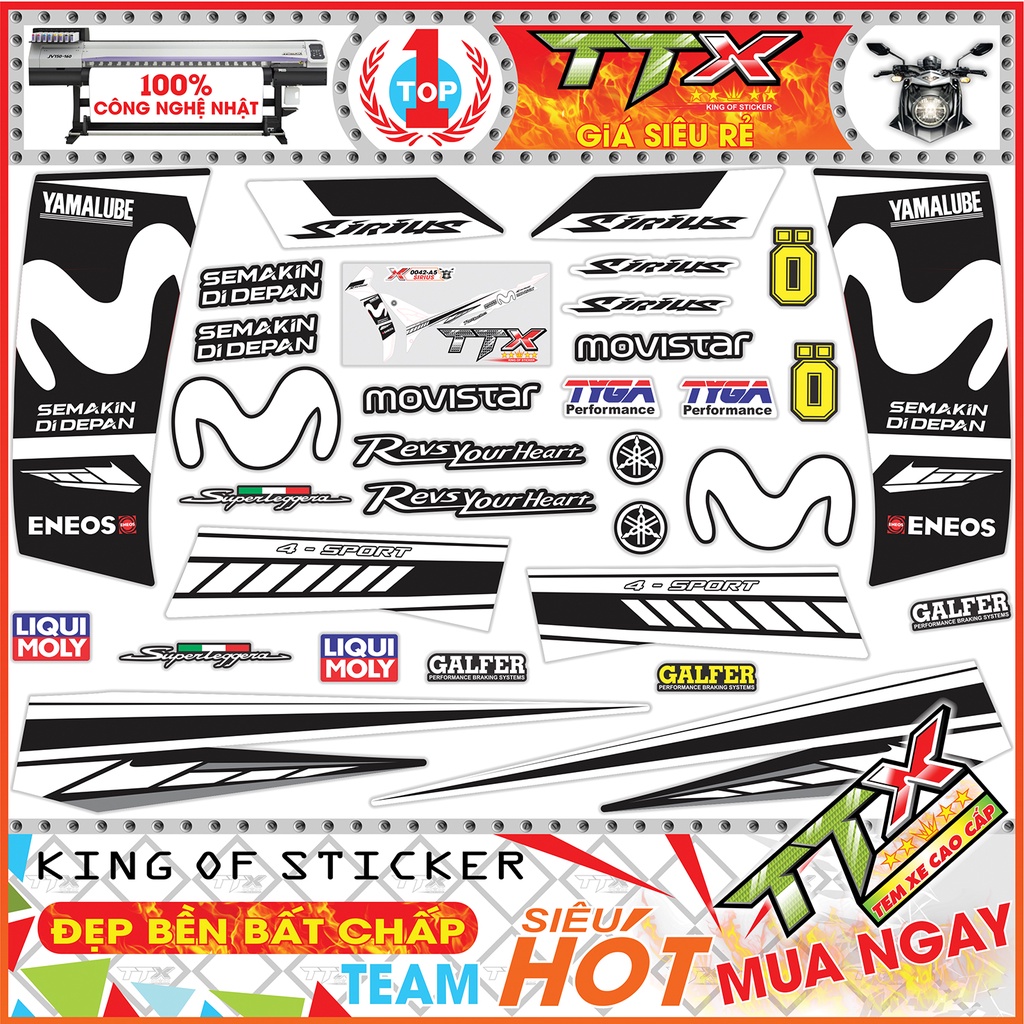 Tem Dán Xe Sirius Đen Trắng Movistar - Tem Rời Sirius Trắng Đen Siêu Đẹp - Mẫu Tem Xe Sirius Đen Trắng