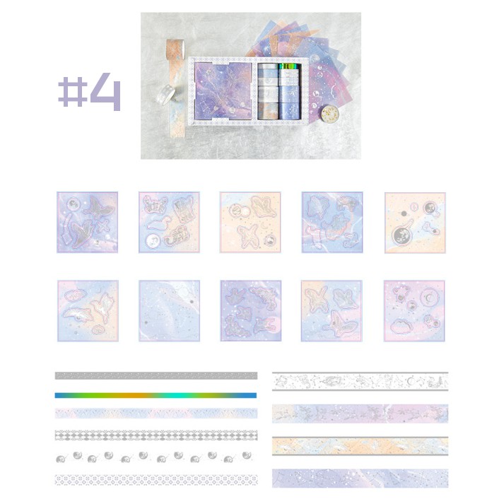 Washitape ánh nhũ bộ 10 cuộn và 10 tờ 10x10 cm trang trí scrapbook, sổ tay planner [ 048 ]