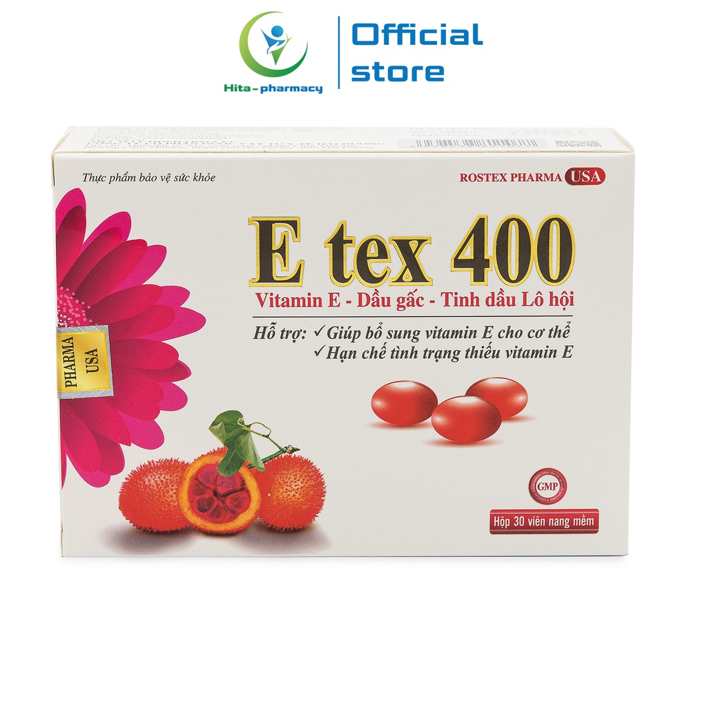 Viên uống đẹp da Vitamin E đỏ, tinh dầu gấc, lô hội E TEX 400 - Hộp 30 viên | BigBuy360 - bigbuy360.vn