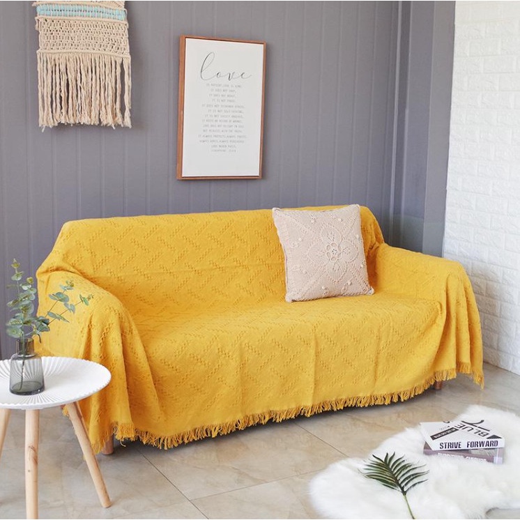 Chăn thảm phủ ghế sofa đan len tua rua màu vàng phong cách Bắc Âu / Bohemian