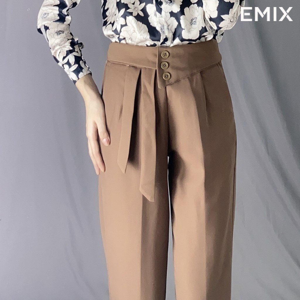 Quần tây nữ công sở baggy 2 dây 3 cúc EMIX (2 màu), dáng dài, cạp cao, cách điệu, vải tuyết mưa mềm mịn