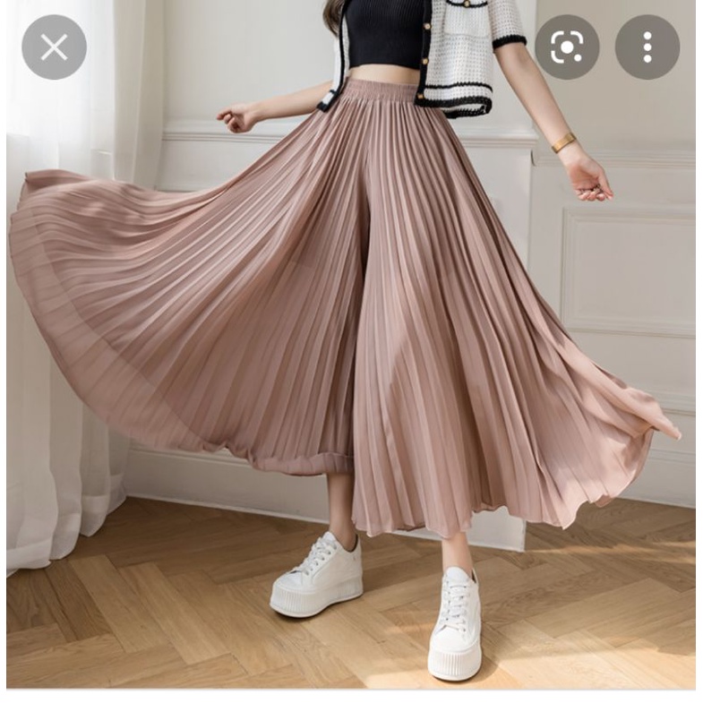 Quần culottes dáng dài dập ly VNXK ống xếp li siêu rộng super flare xòe giả váy voan chiffon eo chun xuất khẩu dư xịn