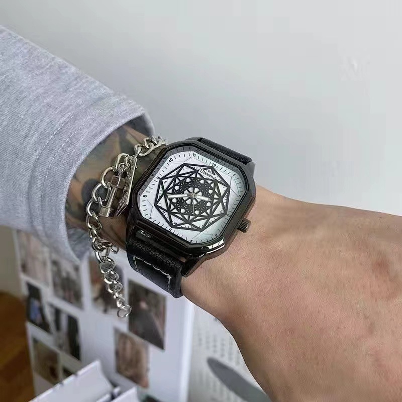 Đồng Hồ Quartz Mặt Vuông Với Dây Đeo Da Cá Tính Cho Nam