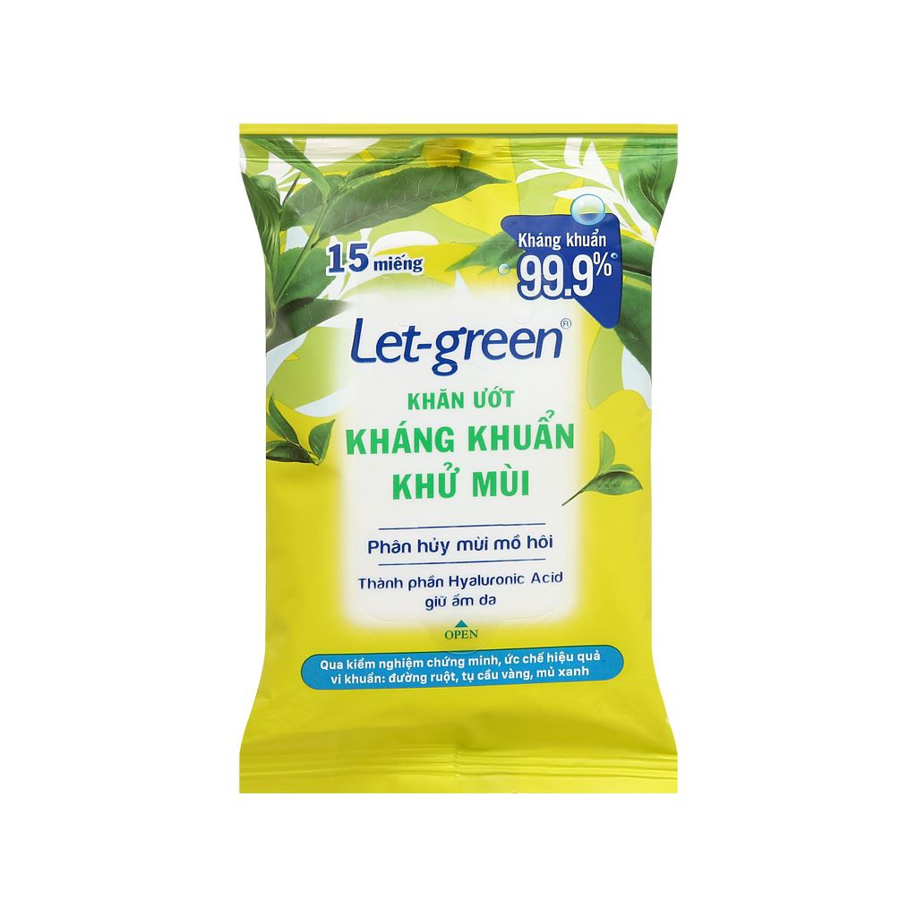 Khăn ướt Let-green kháng khuẩn khử mùi gói 15 miếng/bao