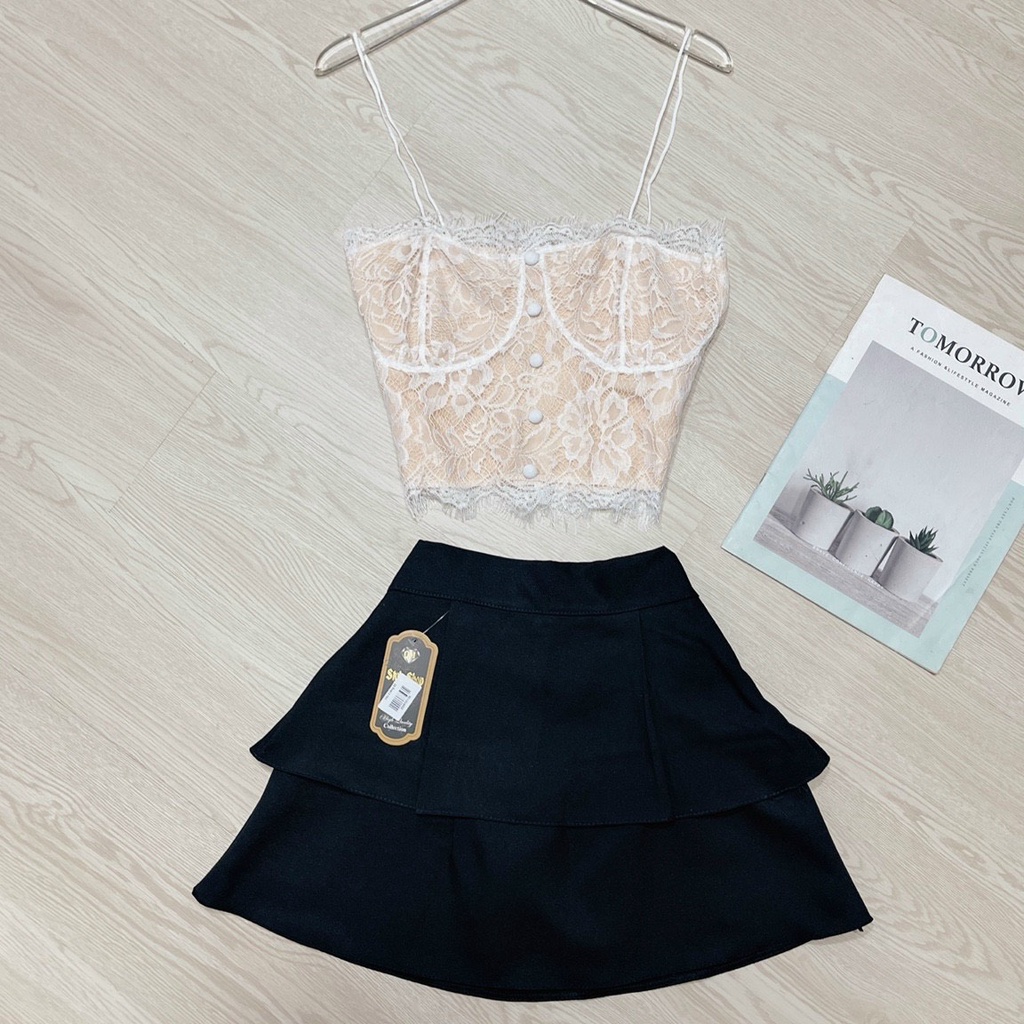 Áo kiểu 2 dây dáng tra viền ren sexy trước hàng nút bọc sau dây kéo xinh