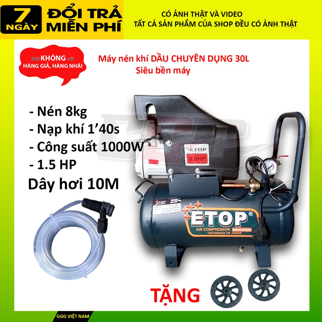 Máy nén khí, máy bơm hơi, máy nén hơi có dầu chính hãng    ETOP 3PF - 30L 1.5 HP -  SIÊU BỀN MÁY