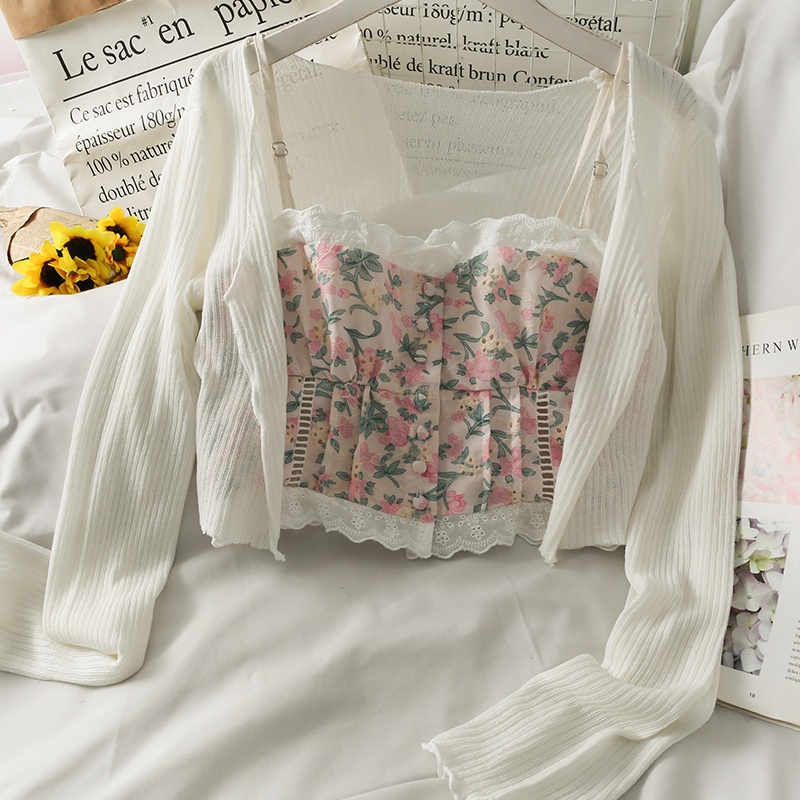Bộ đồ nữ MixFas không nút áo cardigan dài tay ngắn bên ngoài mặc áo khoác nhỏ với áo yếm in bên trong
