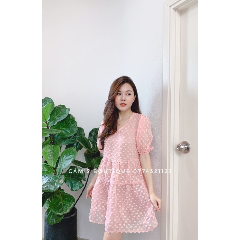 Váy Babydoll Cabouf Dáng Ngắn Tay Bồng Thiết Kế Cổ V Trẻ Trung Freesize