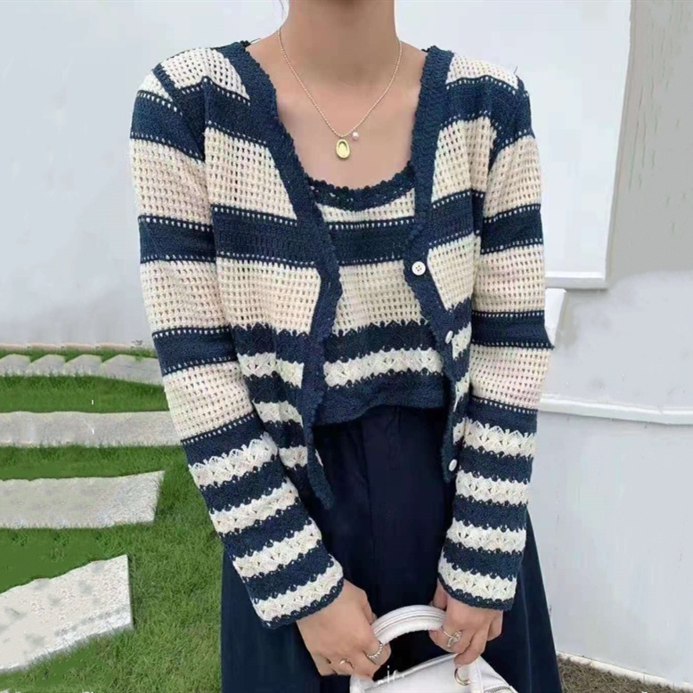 Set Áo Khoác cardigan Họa Tiết Kẻ Sọc Màu Tương Phản Và Áo Cộc Tay Thời Trang Hàn Quốc