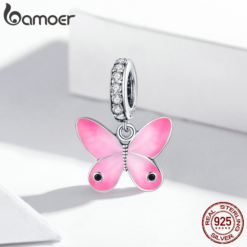 Mặt Dây Charm Hình Bướm Màu Hồng Bamoer Bằng Bạc 925 Nguyên Bản Gắn Vòng Tay Dành Cho Các Cô Gái SCC1728