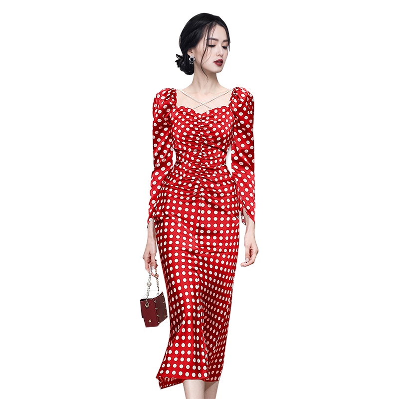 Đầm Chiết Eo Tay Áo 9 / 4 Ngọc Trai Mùa Xuân