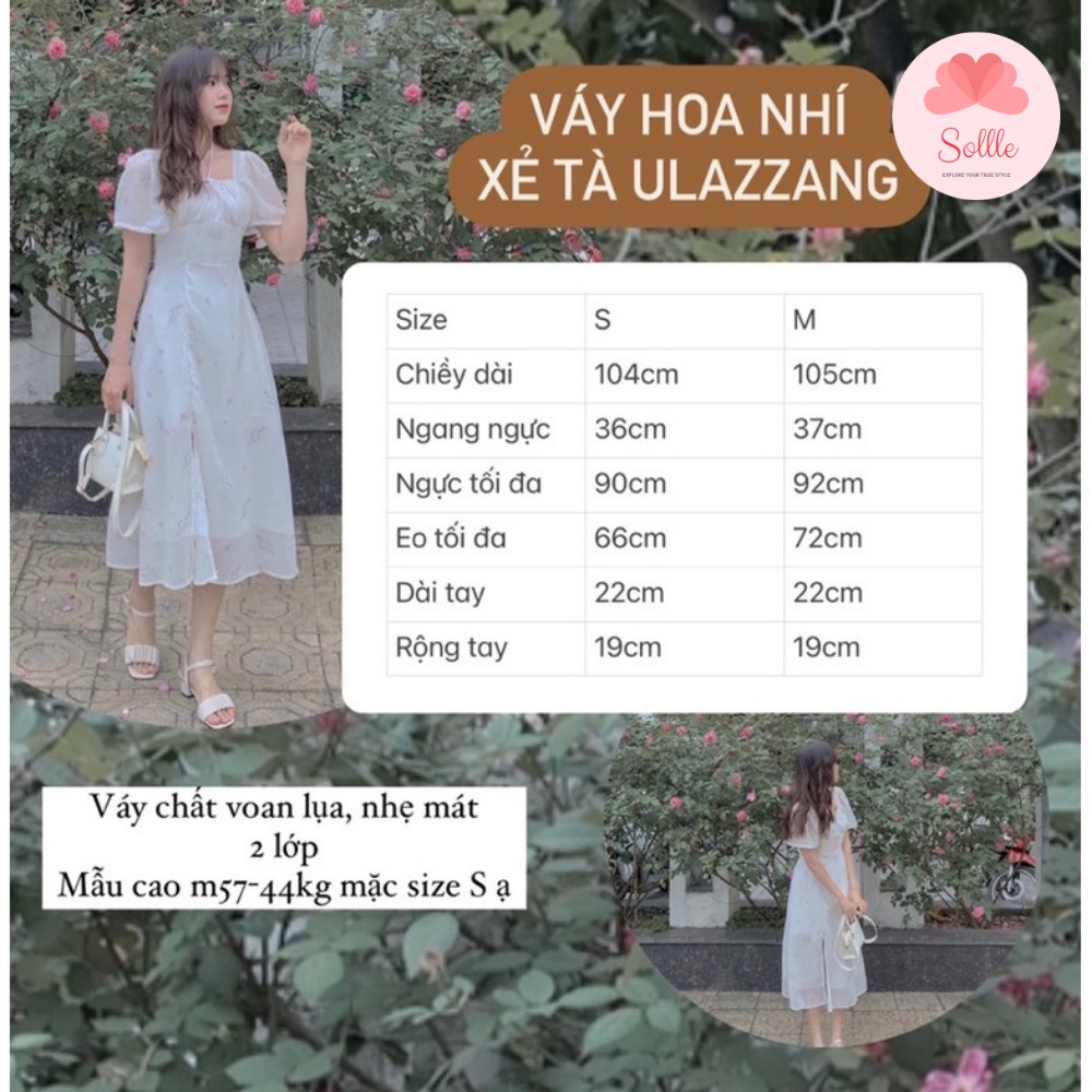 Váy hoa nhí dáng dài xẻ tà rút ngực Đầm trắng cổ vuông tay ngắn phồng du lịch hè Sollle