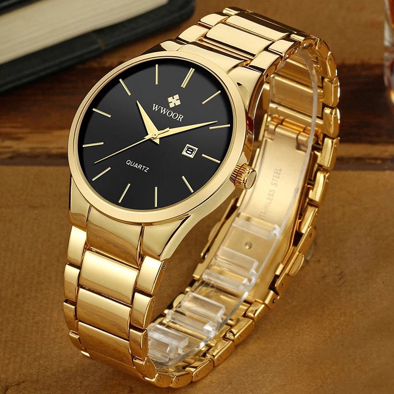 WWOOR Đồng hồ Quartz Analog WWOOR bằng thép không gỉ chống thấm nước kiểu dáng đơn giản dành cho nam 8875