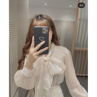 [Mã FATHANG5 giảm 10K đơn 50K] Áo bóng nhũ cổ nơ be