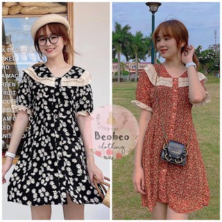 [Ảnh thật] Đầm hoa cổ sen viền ren tay phồng phối nút vintage