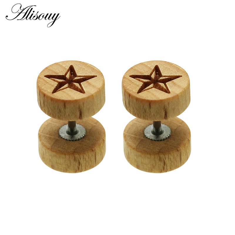 Set 2 Khuyên Tai Gỗ Xỏ Lỗ 6 / 8 / 10 / 12mm Màu Đen / Nâu Tự Nhiên Cho Nam Và Nữ