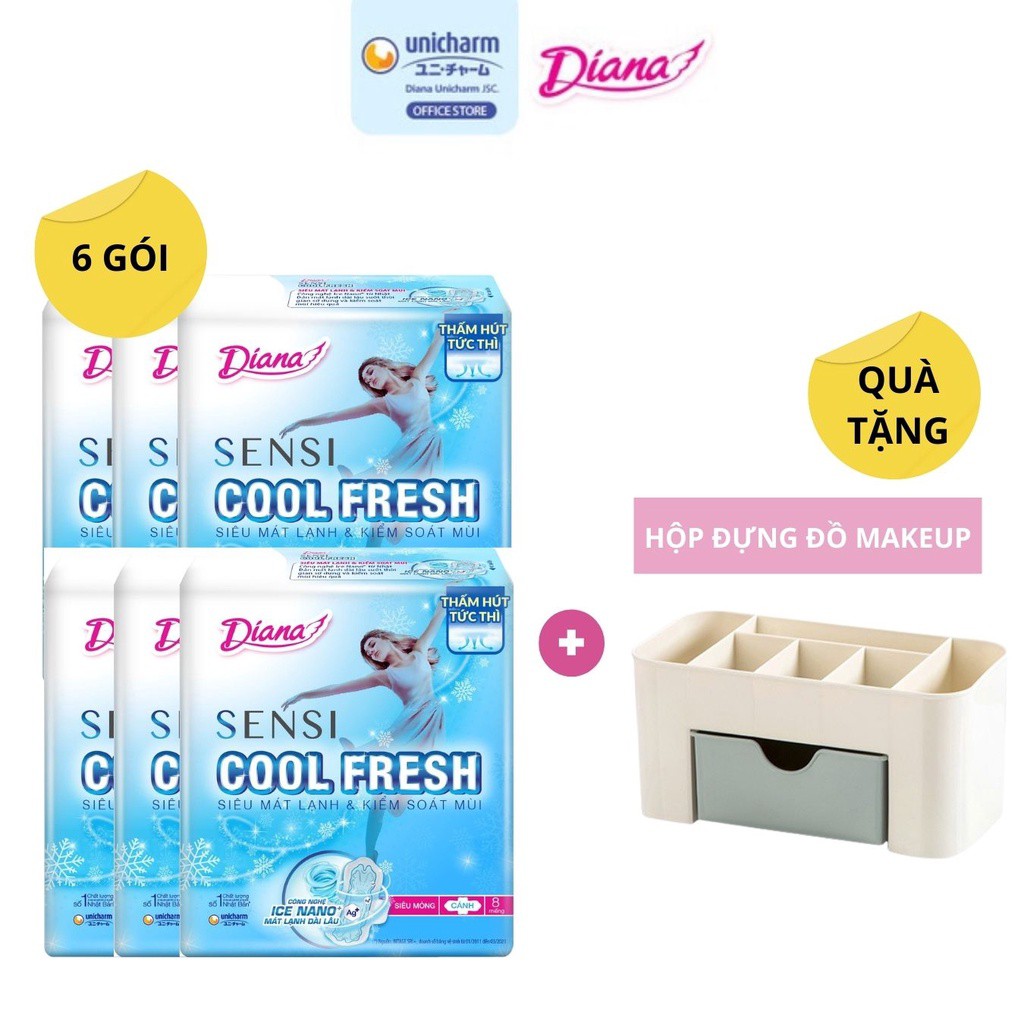 Combo 6 gói Băng vệ sinh Diana SenSi Cool Fresh siêu mỏng cánh gói 8 miếng tặng kèm 1 Hộp đựng đồ makeup mini