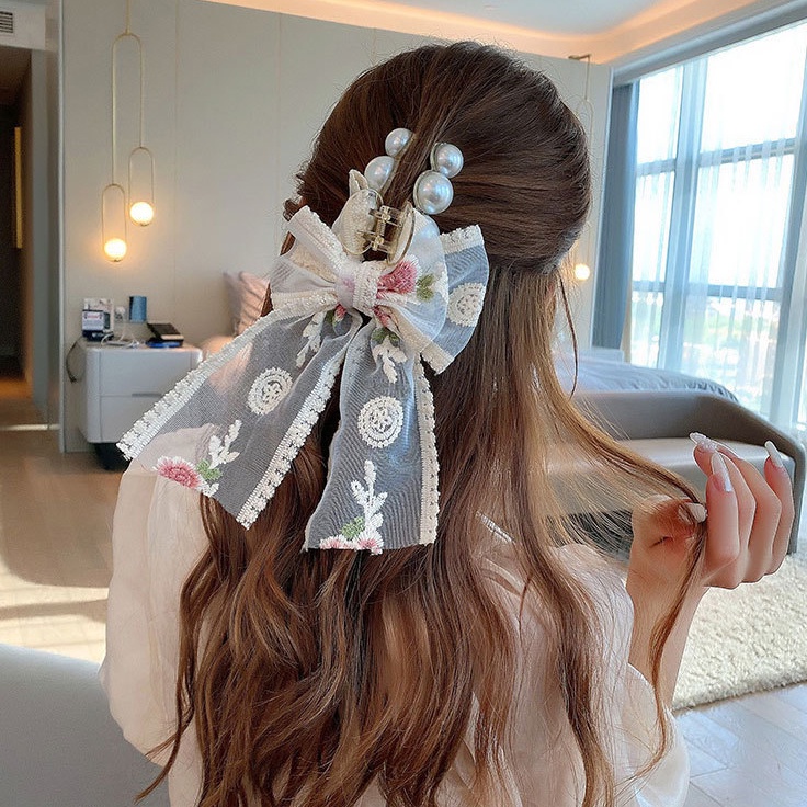 Kẹp Tóc Hình Nơ Đính Ngọc Trai Thời Trang Hàn Quốc Cho Nữ