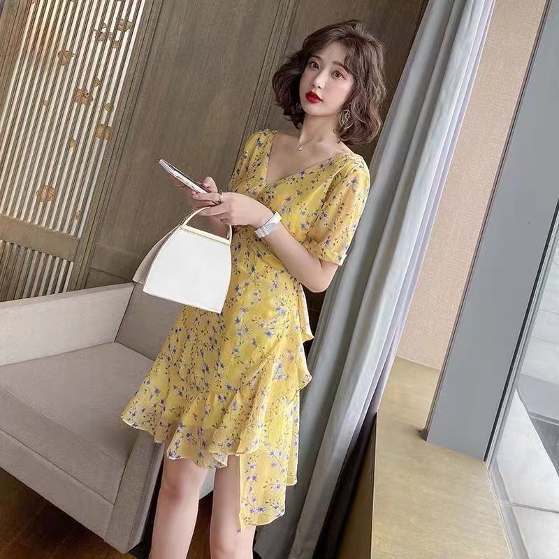 Đầm Perty họa tiết hoa cổ chữ V thời trang phong cách Hàn Quốc gợi cảm cho nữ