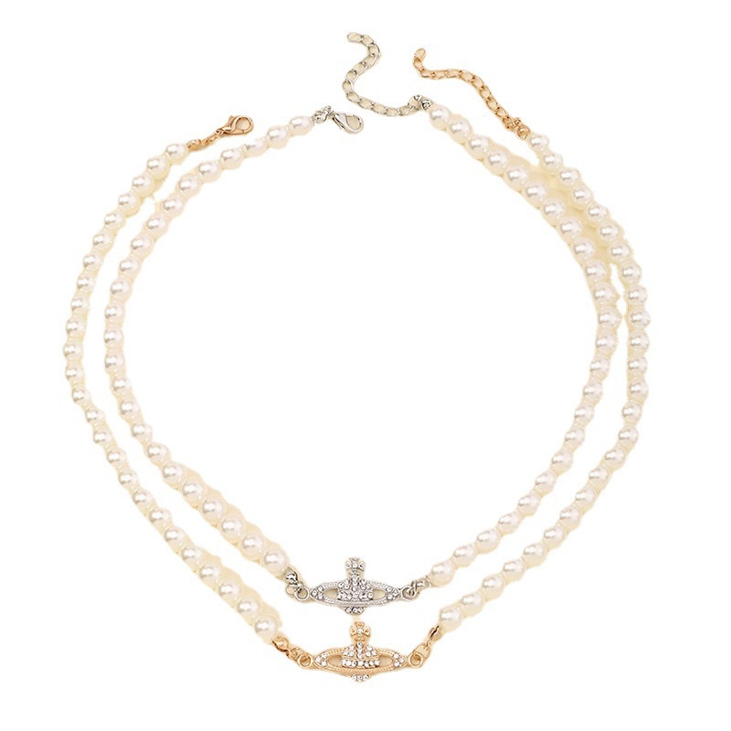 Vòng cổ Mặt Hình Hành Tinh Đính Ngọc Trai Zircon Phong Cách Retro Thanh Lịch Cho Nữ