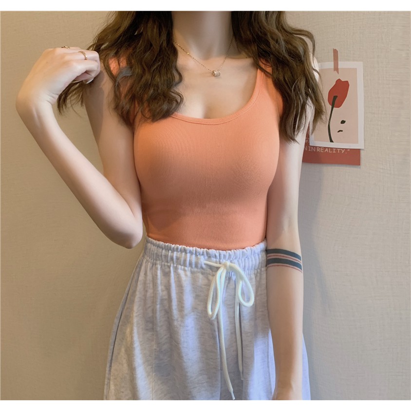 Áo croptop Xiaozhainv hai dây cổ chữ U màu trơn phong cách Hàn Quốc