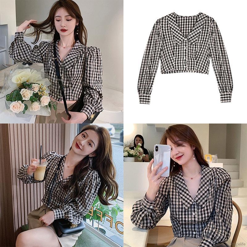 Áo Sơ Mi Ca Rô Ngắn Tay Cổ Búp Bê Xinh Xắn Dễ Thương Dành Cho Nữ