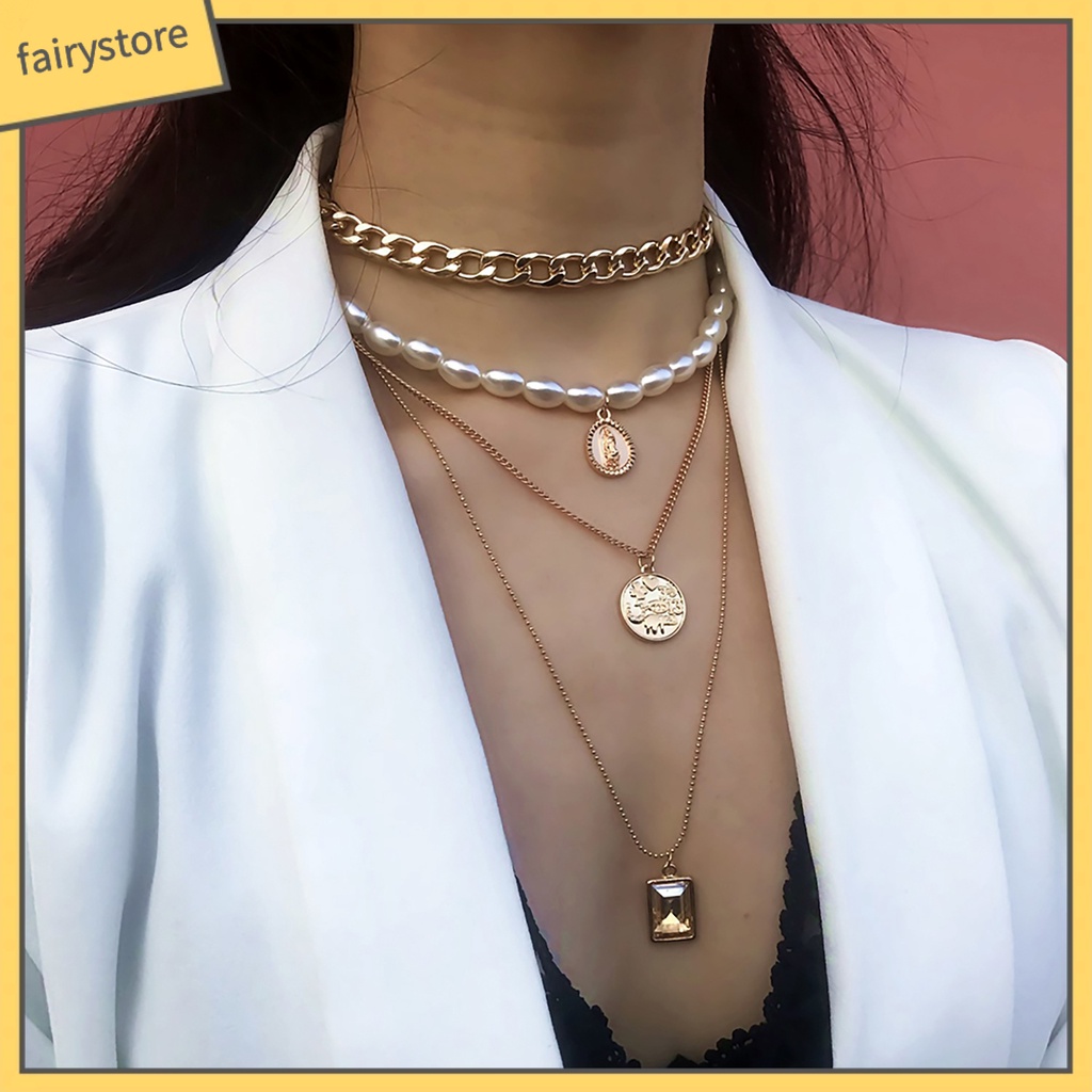 Dây Chuyền Hợp Kim Nhiều Lớp Mặt Hình Đồng Xu Phong Cách Vintage Cho Nữ