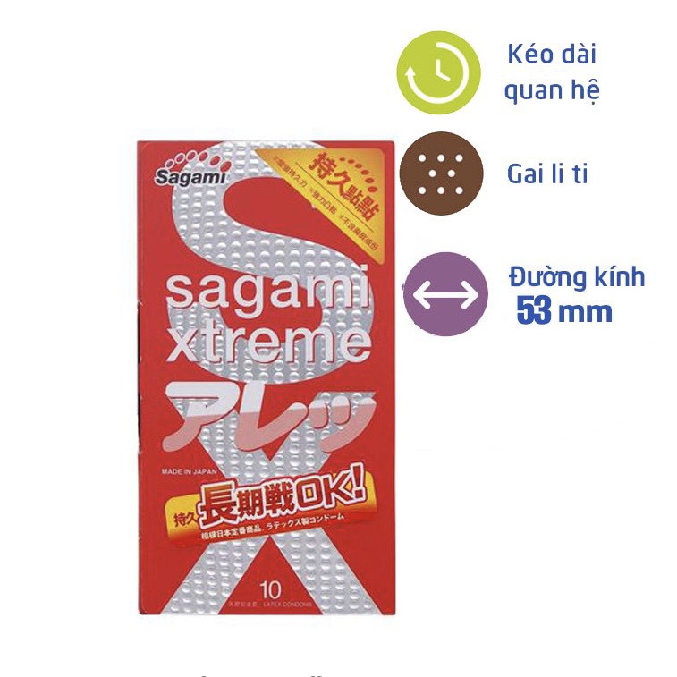 Bao Cao Su SAGAMI Feel Long, Bao Cao Su Gân Gai Nhỏ Kéo Dài Thời Gian, Hộp 10 Bao, Made in Japan