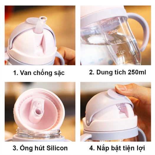 Bình nước cao cấp cho bé tập uống sữa uống nước có van chống sặc 250ml chịu nhiệt tốt có tay cầm IQ Kao