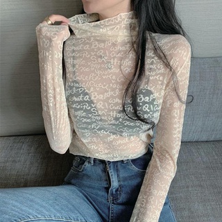 Áo sơ mi kiểu lưới nhìn thấu in chữ thời trang phương Tây thoáng khí cho nữ
