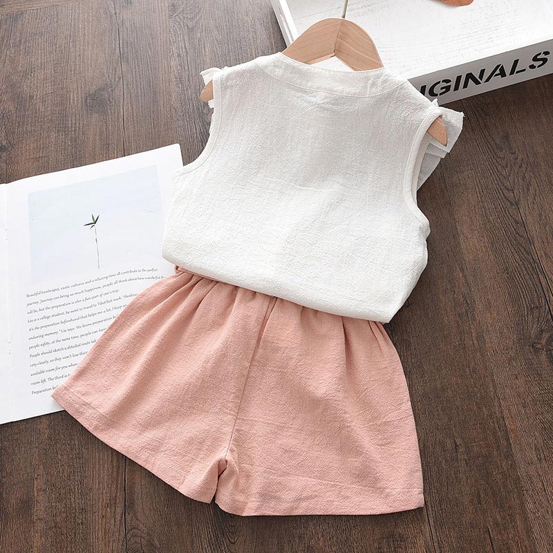 Set đồ 2 món BEAR LEADER gồm áo không tay họa tiết lông vũ và quần ngắn thời trang mùa hè cho bé gái 2-7 tuổi