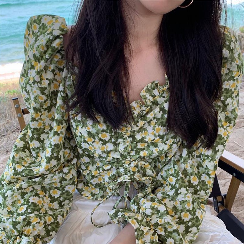 IELGY Áo Kiểu Tay Dài Cổ Chữ v In Họa Tiết Hoa Phong Cách Cổ Điển Dành Cho Nữ