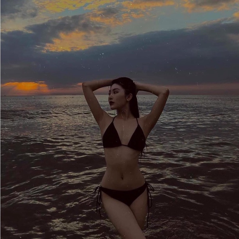 [BIKINI 2 MẢNH CAO CẤP] Đồ bơi đi biển áo tam giác mix chip sexy kèm áo ren lưới khoác ngoài màu đen