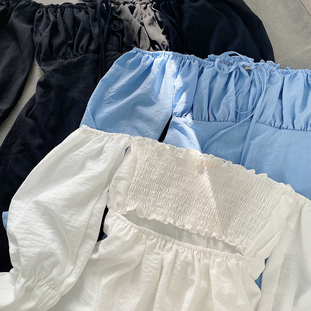 Đầm trễ vai đầm xòe đầm 2 lớp nơ lưng co giãn siêu xinh - OLIVIA DRESS